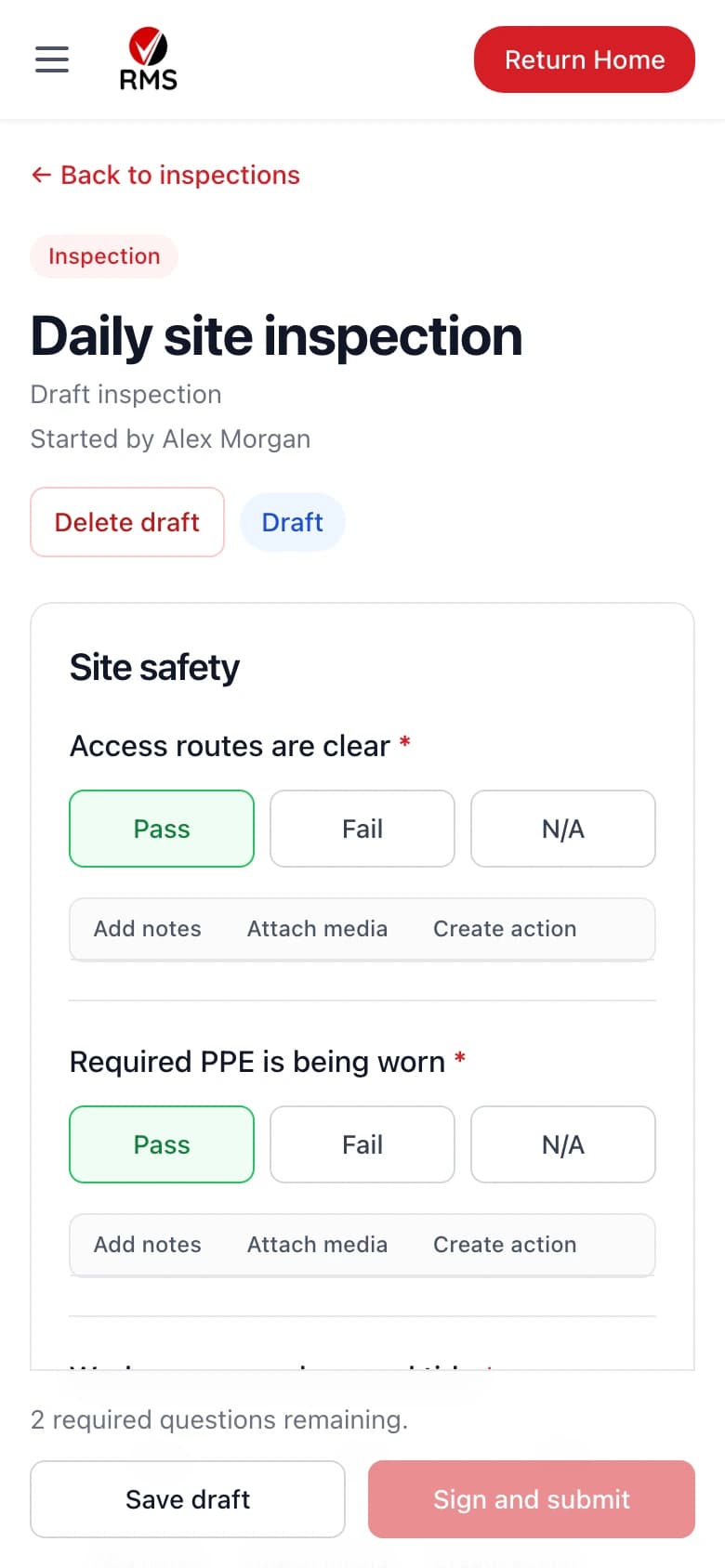 A mobile site inspection with pass/fail answers, notes, photo attachments and sign-off controls.